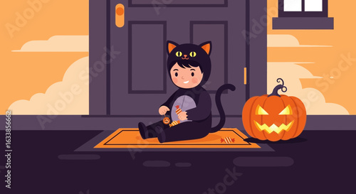 Celebrating The Holiday Season With A Little Black Cat On Halloween Night