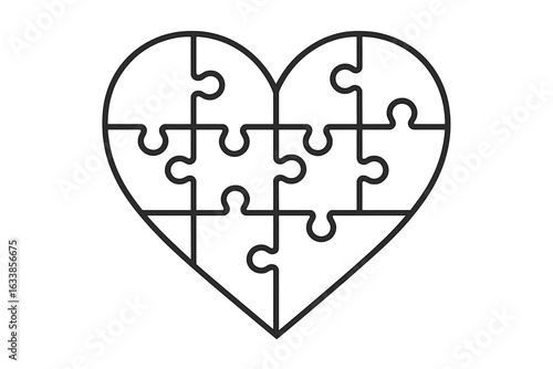 Heart shaped puzzle pieces vector illustration. Love, relationships, connection concept. Jigsaw puzzle heart outline. Symbol of unity, teamwork, autism awareness. Editable stroke. Isolated icon.