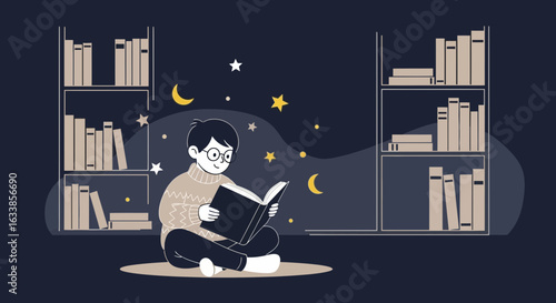 Boy Reading In Room At Night Near Book Shelves With Stars And Moons