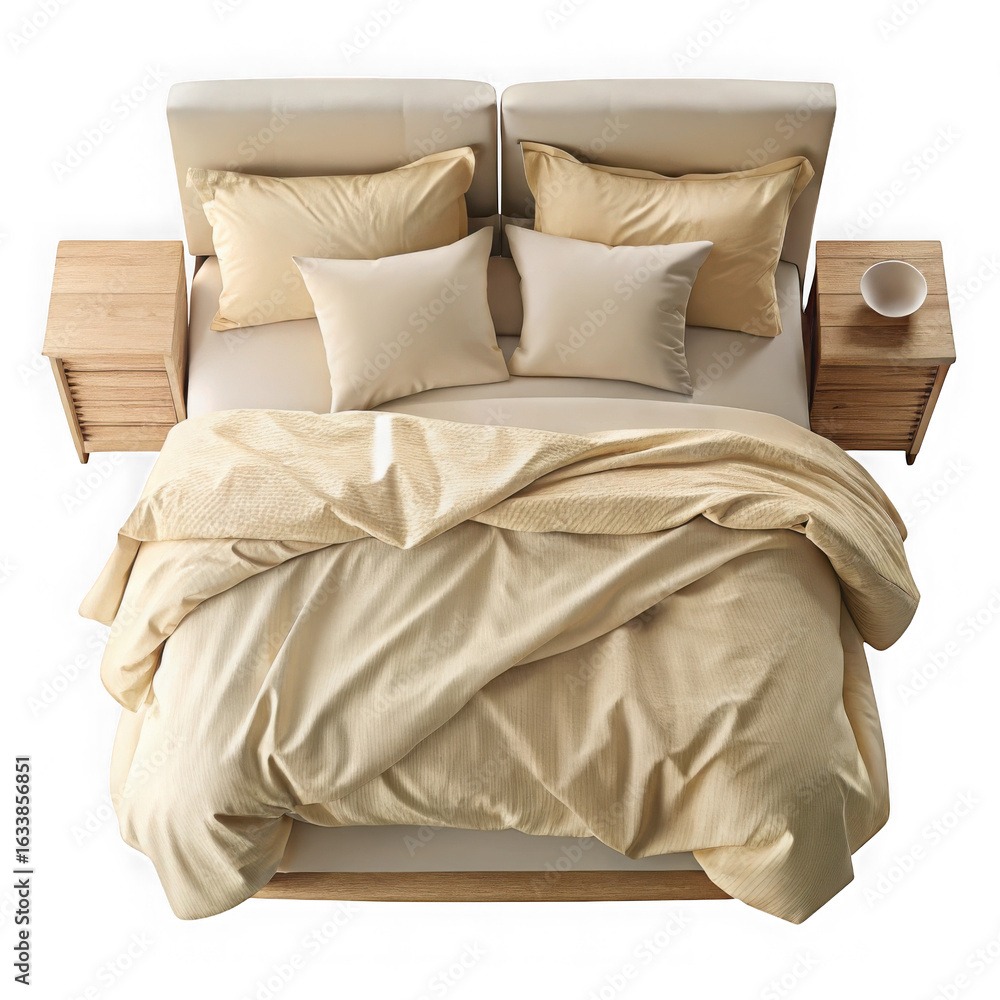 Obraz premium 3d bed with beige linens top view isolated on transparent background