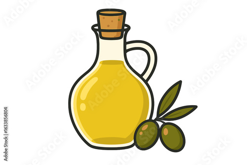 Olive oil bottle with olives and leaves. Healthy Mediterranean food ingredient. Organic extra virgin olive oil. Cooking and salad dressing. Transparent background vector. Kitchen culinary concept.