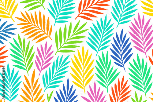 Vibrant seamless tropical palm leaves pattern, colorful botanical foliage background, vector illustration, summery exotic jungle repeat, multicolor leaf print, modern nature textile template