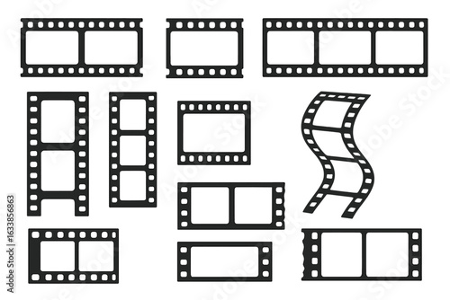 Vector Illustration of Movie Film Strips and Photo Frames Collection. Variety of Vintage Cinema Frames, Flat Design Filmstrip Borders, Retro Film Roll Elements, Isolated Transparent Background.