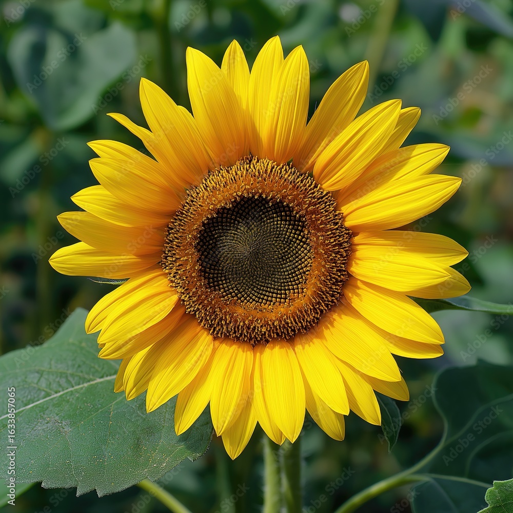 Obraz premium Close-up of Vibrant Sunflower with Yellow Petals and Spiral Brown Disc - Summer Nature Photography