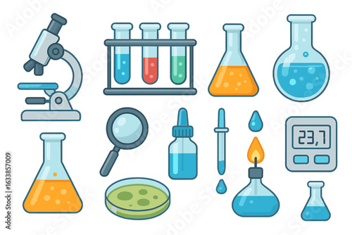 Science laboratory equipment vector set with cartoon microscope, test tubes, flasks, beaker, pipette, magnifier, petri dish, digital thermometer, dropper, lab burner, chemicals for research