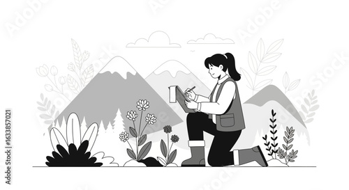 Botanist At Work Researching Alpine Flora In A Mountain Meadow