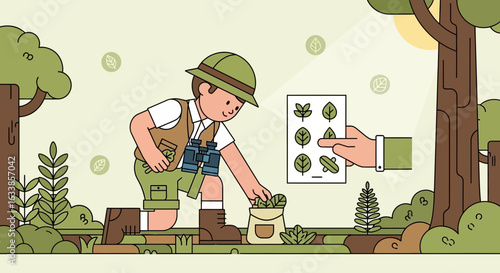 Botanist Collects Leaf Samples in Forest for Analysis and Identification