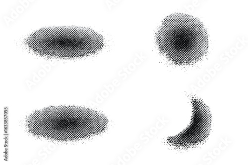 Halftone stipple shadow set, grunge gradient dot pattern, abstract ellipse and semicircle shape overlays, transparent background, retro comic halftone shading, vector design elements