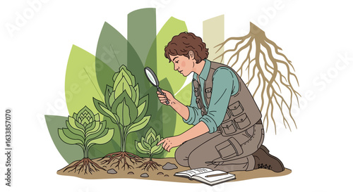 Botanist Examining Plant With Magnifying Glass In Nature Researching Growth
