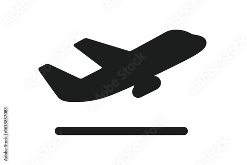 Airplane take off icon. Black flying airplane silhouette. Aircraft departure symbol with runway. Transportation vector illustration. Modern airport travel signage. Simple plane isolated graphic.