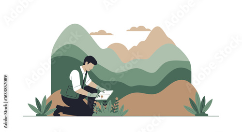 Botanist Examining Rare Wildflower Species In Mountain Environment Professionally