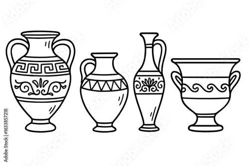 Ancient Greek vase set vector illustration. Hand drawn amphora, krater, lekythos, hydria. Decorative antique pottery line art. Black outline ceramic vases for coloring, education, culture, history.