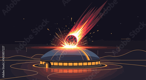 Celestial Collision A Fiery Comet Impacts a Futuristic Structure Illustration