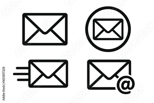 Set of 4 mail envelope icons vector illustration isolated on transparent background, email and message symbols, communication and correspondence emblems, outline style, digital mailing concept