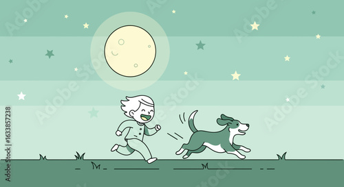 Boy And His Dog Running Happily Under The Moonlight Cartoon Illustration