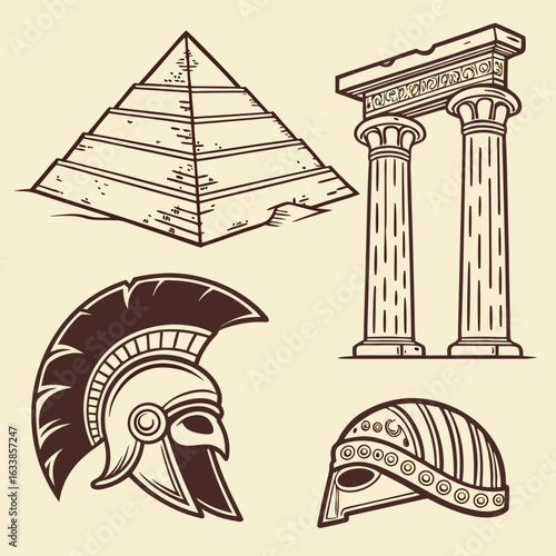 A bundle of ancient civilization icons Egyptian pyramids Greek columns Roman helmets Aztec masks scrolls and relics. Historically inspired vector style ancient greek column vector illustration