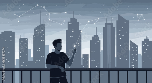 Celestial Contemplation Silhouette of Man Observing Stars In Modern Cityscape View