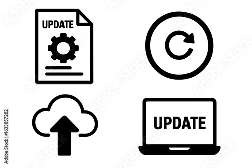 Software Update Icons Set. Cloud Upload Symbol, Gear Document, Circular Refresh Arrow, Laptop Update Screen. System Upgrade, Synchronization, Data Transfer. Modern Tech Vector Elements