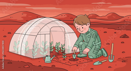 Boy Astronaut Cultivating Plants Inside Greenhouse On The Red Planet Mars