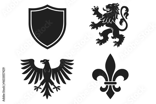 Heraldic symbols set vector. Medieval shield, lion rampant, eagle, fleur de lis icons. Classic European coat of arms elements. Royal noble insignia silhouette. Crest emblem decoration design.