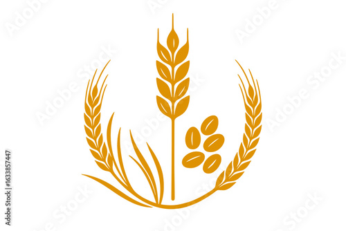 Golden wheat ear with barley grains agricultural emblem. Vector grain harvest concept, rice stalk logo, bread food icon, nutritious cereal crop farming symbol for organic farm and beer production.