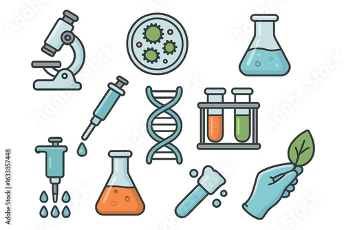Modern biology and biotechnology laboratory vector icons, cartoon style. Science equipment, test tubes, flasks, DNA helix, microscope, petri dish, syringe, pipette, research, experimentation tools.
