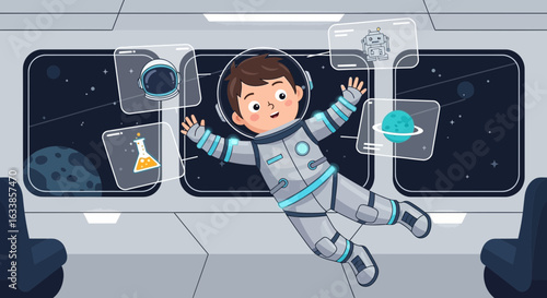 Boy Astronaut Floating In Space Station With Future Technology Interface Panels