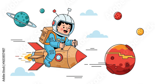 Boy Astronaut Piloting Rocket Through Outer Space With Cartoon Planets And Clouds