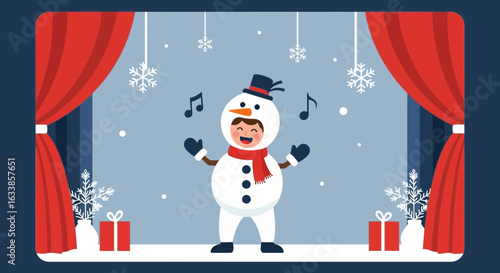 Charming Child In Snowman Costume Performing On Stage In Winter Holiday Show