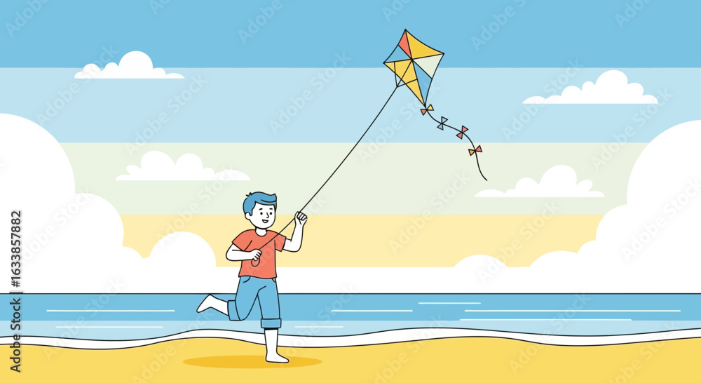 Fototapeta premium Boy Running With Kite on Sandy Beach On Sunny Day Illustration Design