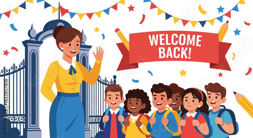 Charming Illustration Of Teacher Welcoming Diverse Students Back To School