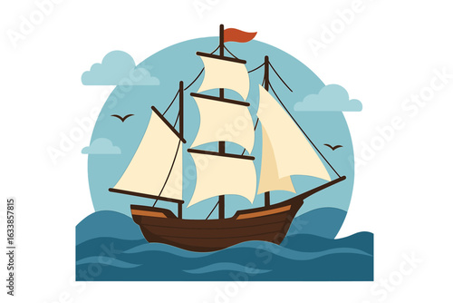 Vintage wooden sailing ship vector illustration on ocean waves with billowing sails, nautical adventure, maritime transport, historical seascape, blue sky, seagulls, clouds, travel concept