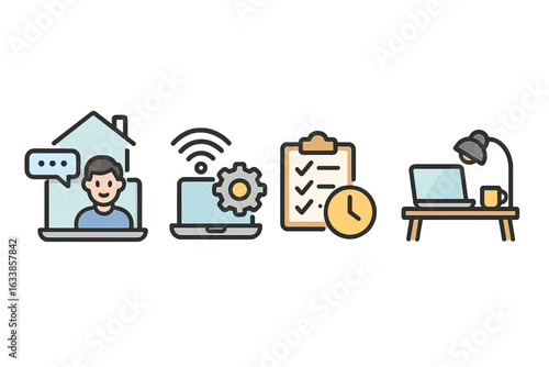 Remote work home office icons set. Telecommuting technology, digital workspace productivity, checklist management, flexible schedule, virtual communication, cozy desk vector illustration.
