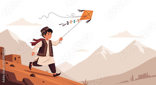 Boy Running With Kite In Mountainous Landscape Vector Illustration