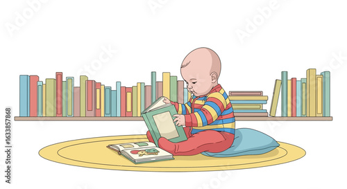 Charming Little Reader: A Colorful Illustration of a Baby Enjoying Storytime
