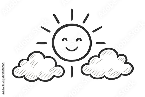 Cute happy sun with smiley face and sun rays rising above fluffy clouds, cheerful morning weather doodle, hand-drawn sketch illustration, childlike cartoon style, optimistic climate concept