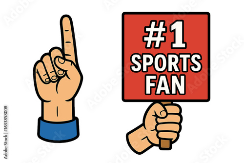 Number one sports fan hand gesture and foam finger icon, cartoon illustration, cheering supporter, enthusiastic crowd, team spirit symbol, sign for fans, sporting event celebration isolated