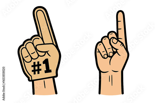 Number one foam finger and hand gesture illustration. Sports fan foam glove showing index finger up. Victory sign, winner celebration, crowd cheering symbol. Cartoon style vector isolated on white.