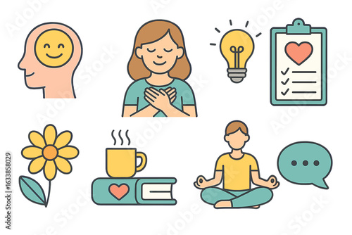 Mental health care cartoon icons set. Mindfulness self-care wellness practices. Positive thinking motivation. Meditation, gratitude, mental well-being, therapy, stress relief, mental health support.