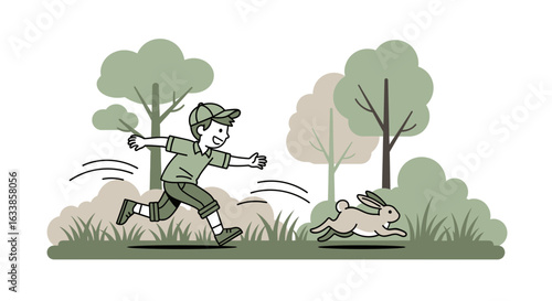 Boy Chasing A Rabbit Through A Forest Depicted In A Simple Line Art Style