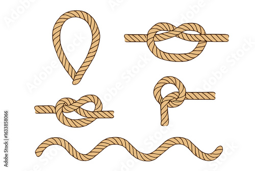 Vintage rope knots and rope shapes collection vector illustration. Set of old natural twisted ropes, loop, coil, knot, and wavy rope isolated on white. Nautical design elements, maritime decor