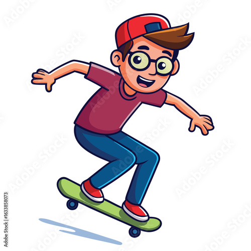 A cartoon man skateboarding in mid-air, a dynamic icon of extreme sports, youth, and recreation.