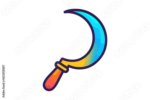 Colorful sickle vector illustration, agricultural tool icon, gradient farming emblem, harvest tool symbol, farming equipment, bright curvy blade, agriculture concept graphic isolated