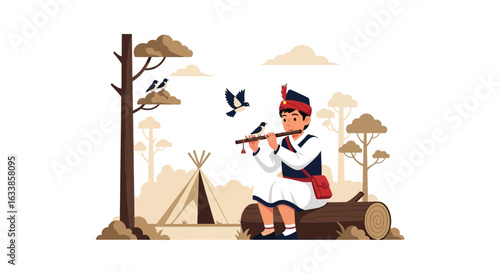 Boy Serenading Birds With Flute In Forest Setting Near His Tent