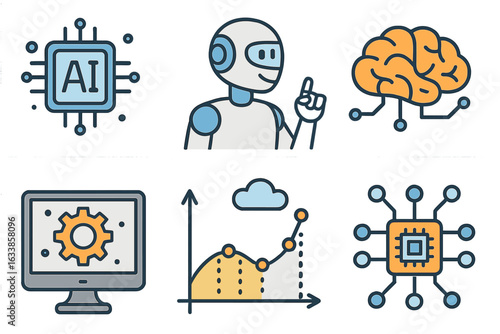 Artificial intelligence and machine learning concept icons. AI chip, humanoid robot, brain network, data analytics, automation, neural processor. Vector technology illustration, cartoon style