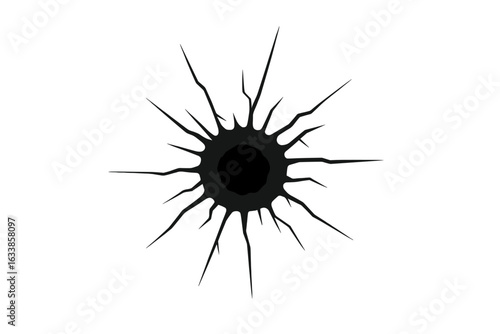 Realistic black bullet hole vector, shattered glass impact mark, gunshot damage burst, isolated clipart for crime, police, action scenes, transparency background, violence concept illustration