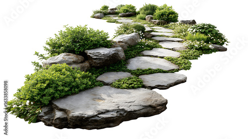 Fototapeta Naklejka Na Ścianę i Meble -  A garden path made of irregularly shaped natural stones, disappearing around a corner towards a home, isolated on a Transparent background