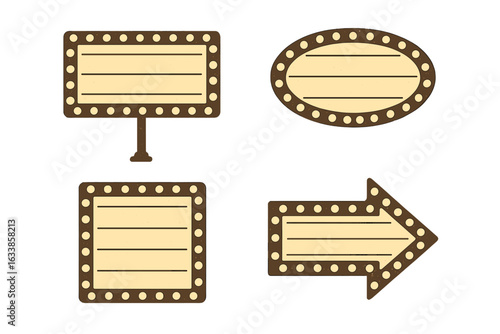 Vintage retro marquee sign vector set, illuminated blank lightbox signs, glowing border lights, retro cinema theater signboard collection, square oval arrow shape, editable template background