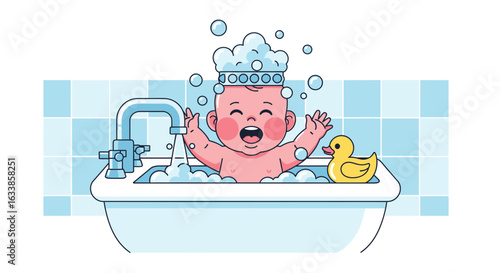 Cheerful Baby Enjoying Bath Time With Bubbles And A Rubber Duck