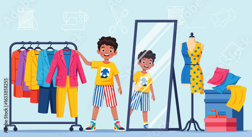 Boy Choosing Clothes in a Fashion Studio or Tailoring Shop with Mirror